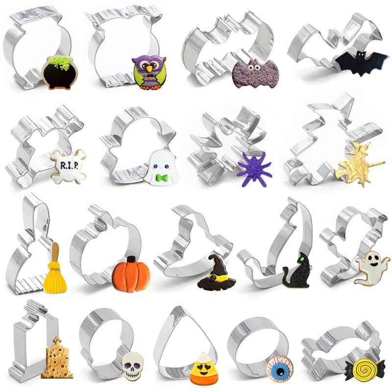 jollylife 18PCS Halloween Cookie Cutters - Pumpkin,Witch,Bat,Ghost,Cat,Tombstone,Spider, Skull,Candy Corn, Owl,Hat,Cauldron,Broom Party Supplies - Image 1